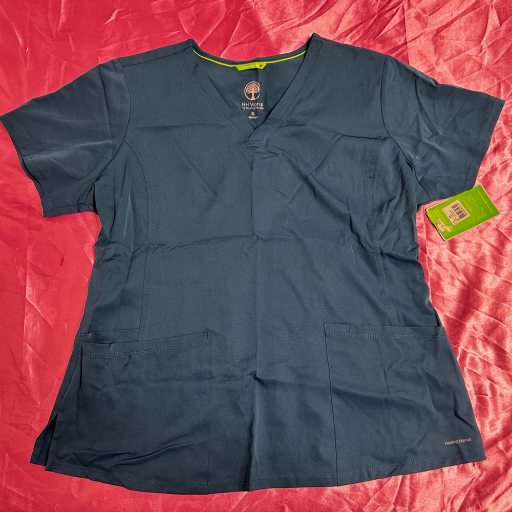 Healing Hands Dark Teal V-Neck Scrub Top
